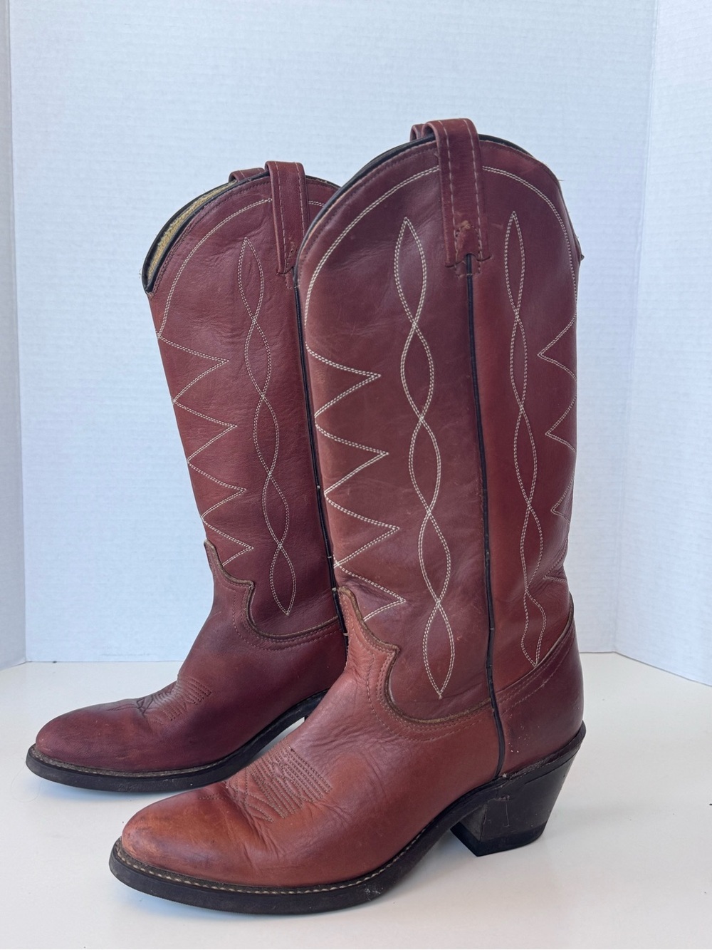 Vintage 70s Acme Western Cowgirl Stitch Brown Leather Heel Tall Boots Size 6.5 - Picture 3 of 10